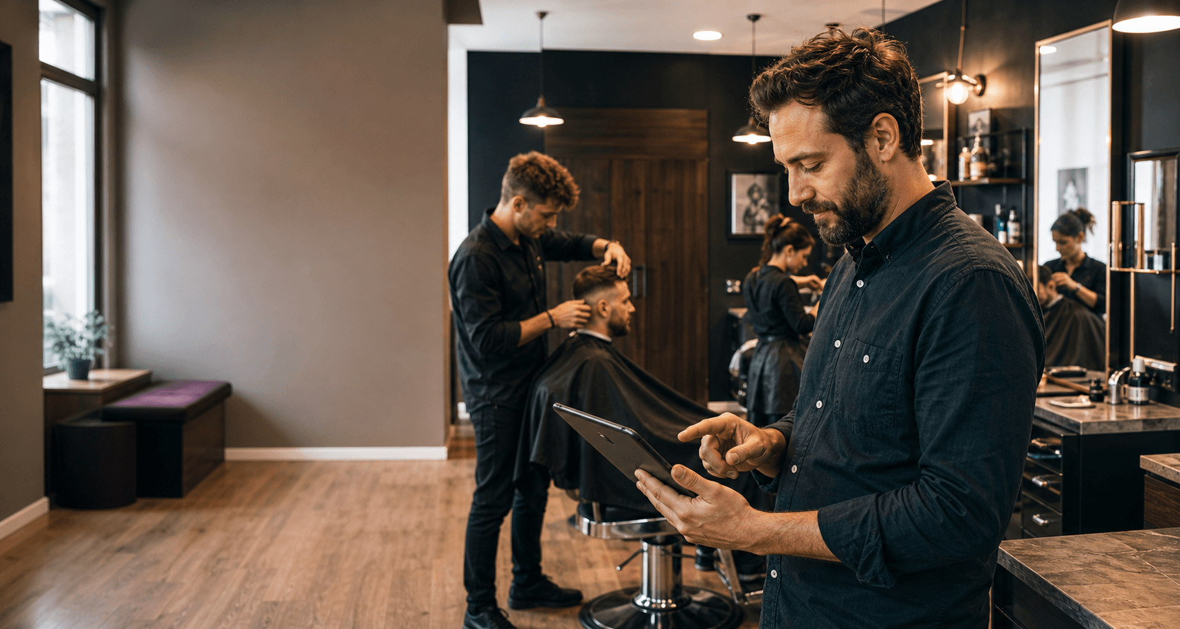 Barbers, hairdressers and beauty professionals managing a modern salon together
